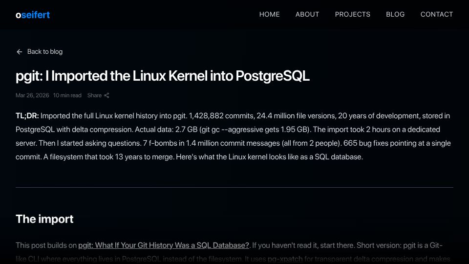 Screenshot of oseifert.ch: I imported the full Linux kernel git history into pgit