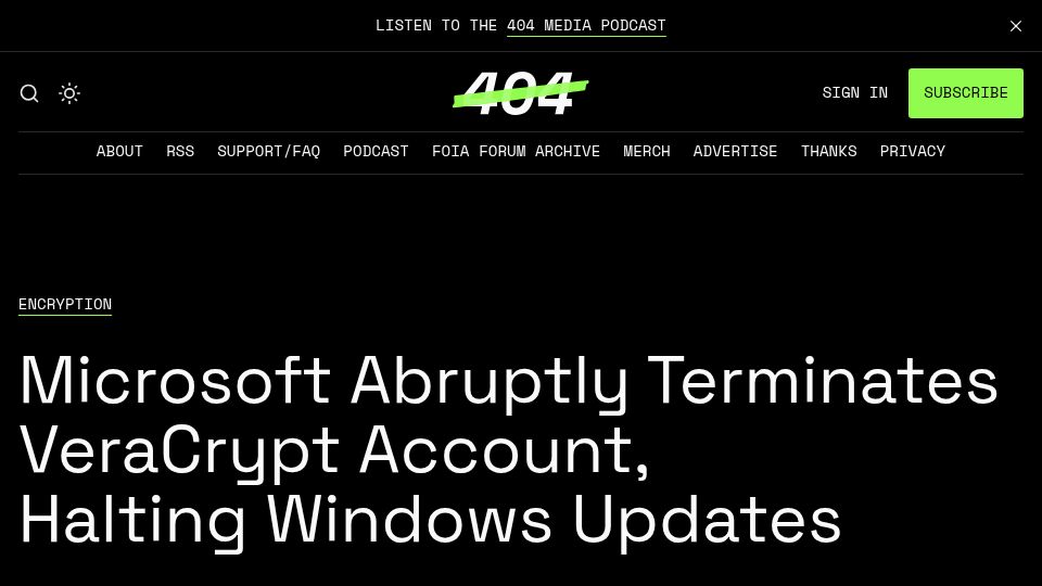 Screenshot of 404media.co: Microsoft terminates VeraCrypt account, halting Windows updates