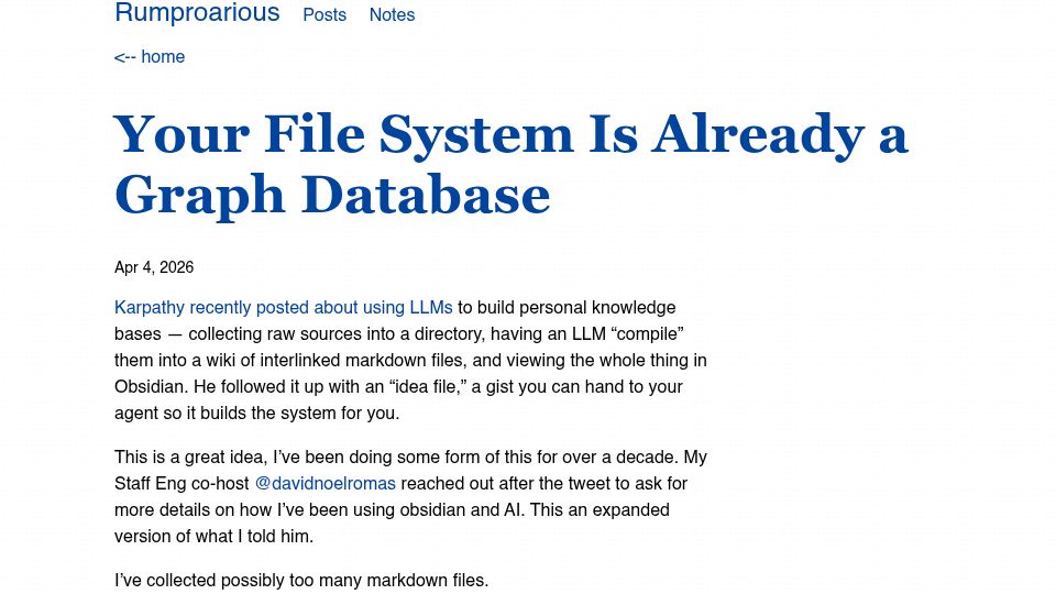 Screenshot of rumproarious.com: Your File System Is Already A Graph Database