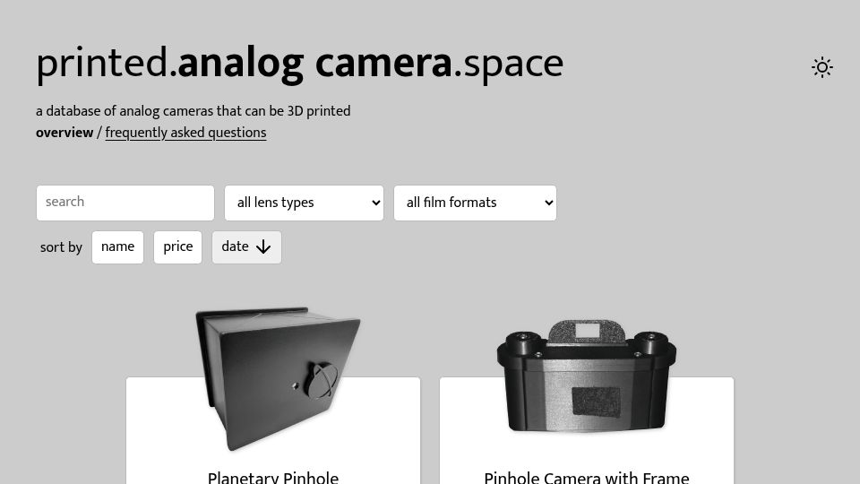 Screenshot of printed.analogcamera.space: A database of analog cameras that can be 3D printed
