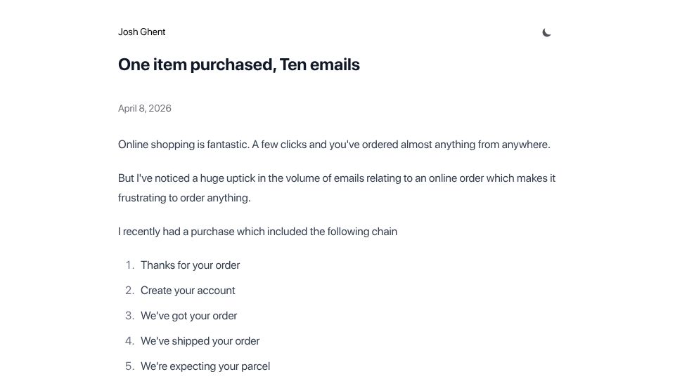 Screenshot of joshghent.com: One item purchased, ten emails