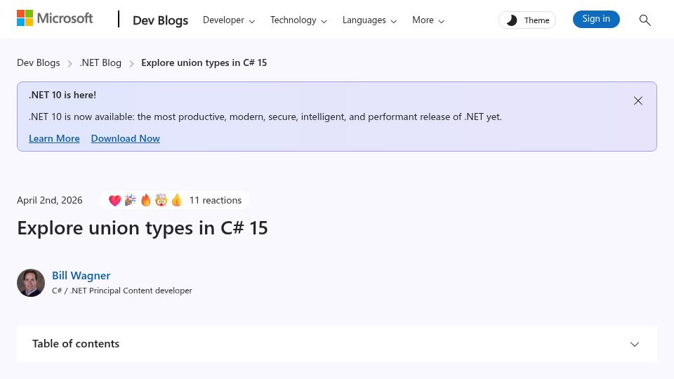 Screenshot of devblogs.microsoft.com: Union types in C# 15