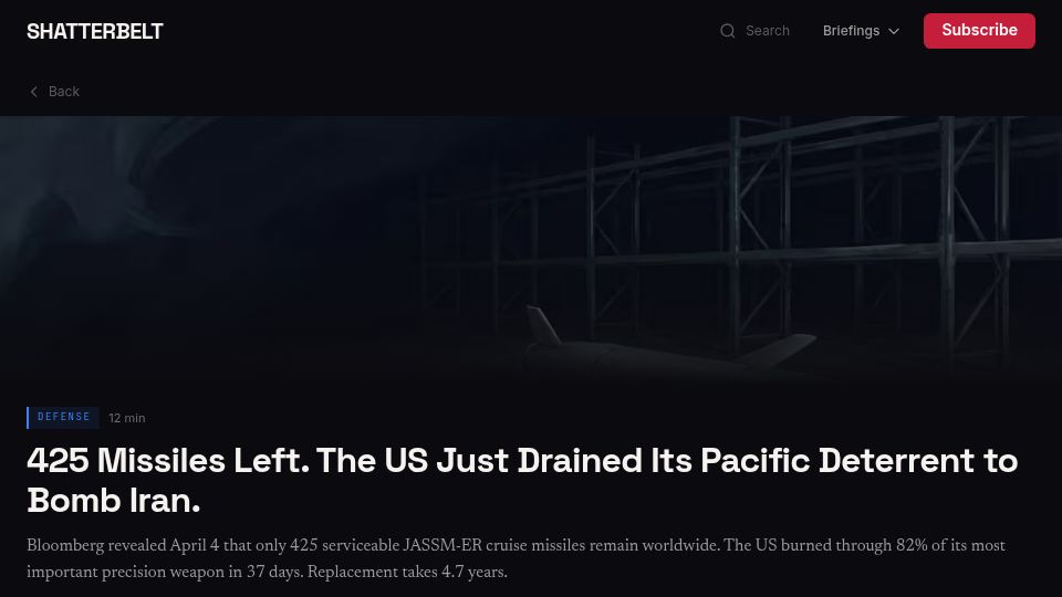 Screenshot of shatterbelt.co: US fired 1k JASSM cruise missiles in 37 days. Lockheed makes 396 per year