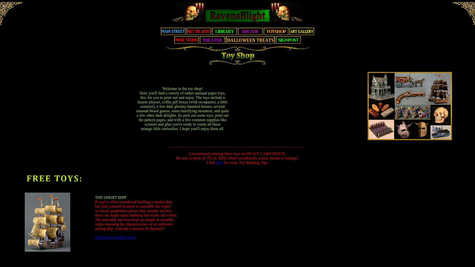 Screenshot of ravensblight.com: Haunted Paper Toys