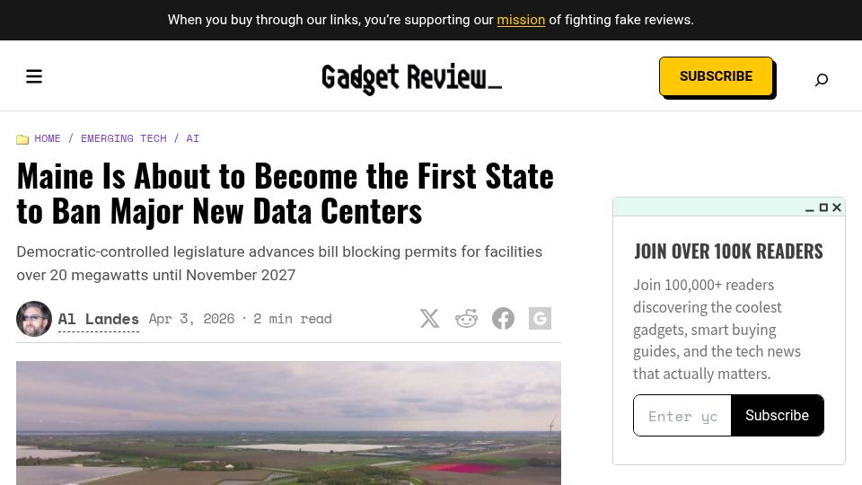 Screenshot of gadgetreview.com: Maine is about to become the first state to ban major new data centers