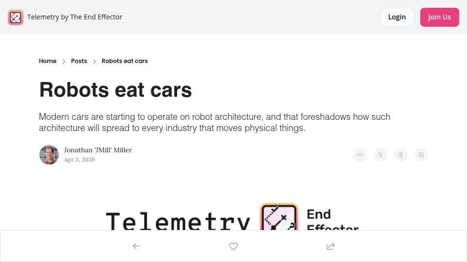 Screenshot of telemetry.endeff.com: Robots eat cars