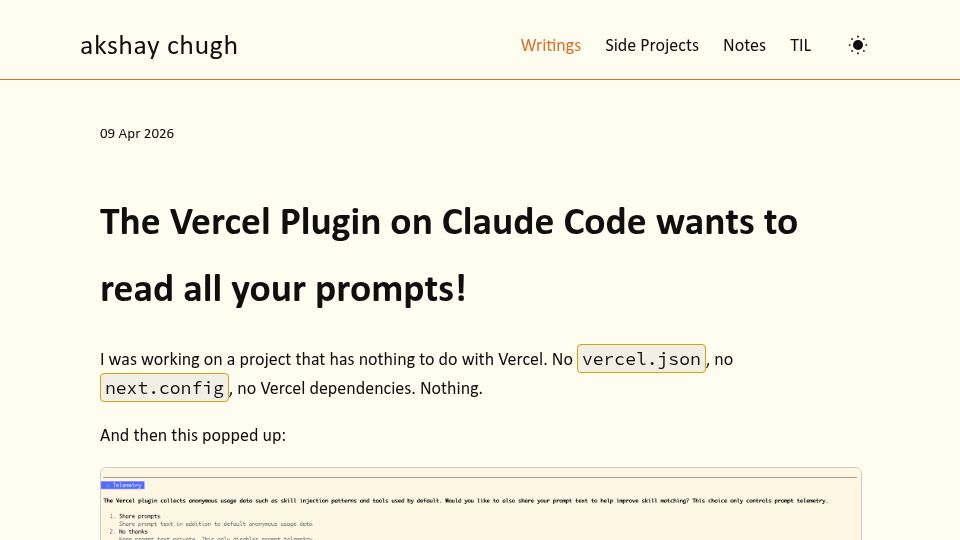 Screenshot of akshaychugh.xyz: The Vercel plugin on Claude Code wants to read your prompts