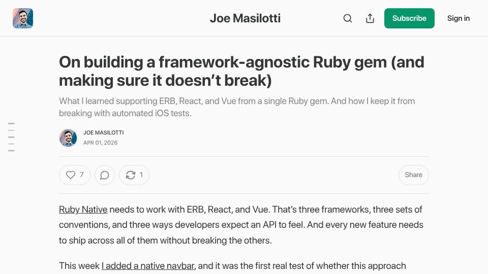 Screenshot of newsletter.masilotti.com: Building a framework-agnostic Ruby gem (and making sure it doesn't break)