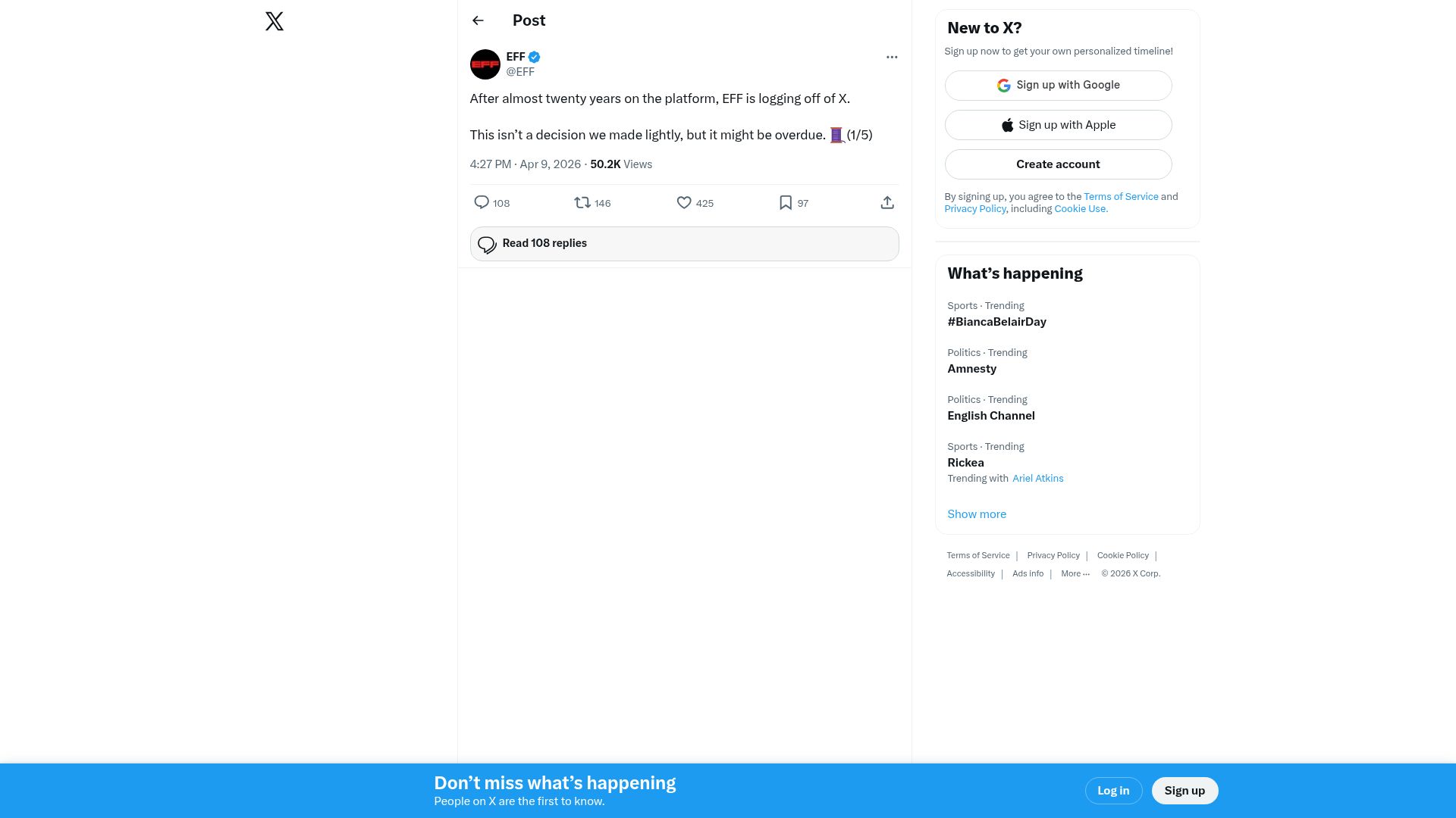 Screenshot of twitter.com: EFF Logs Out of X