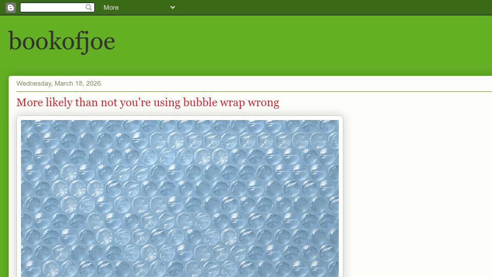 Screenshot of bookofjoe2.blogspot.com: More likely than not you're using bubble wrap wrong