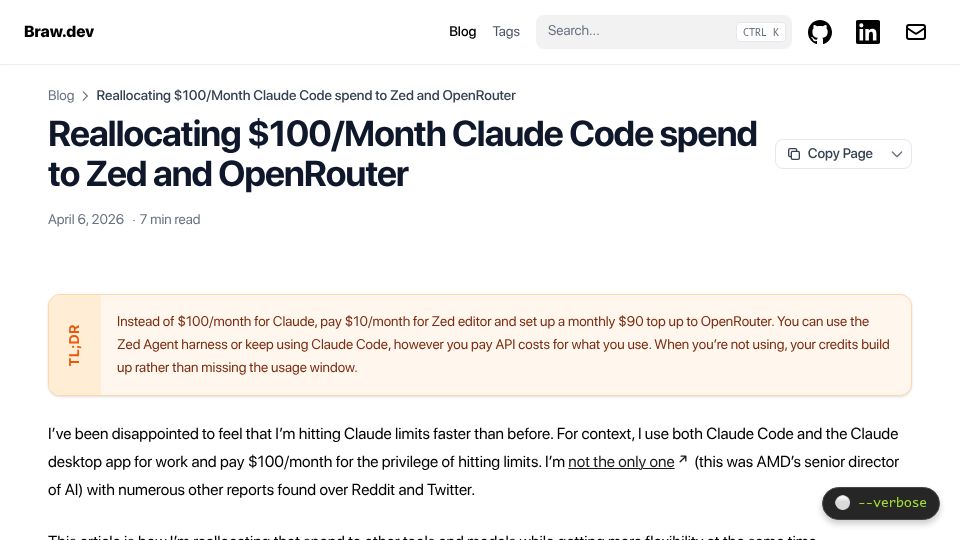 Screenshot of braw.dev: Reallocating $100/Month Claude Code Spend to Zed and OpenRouter