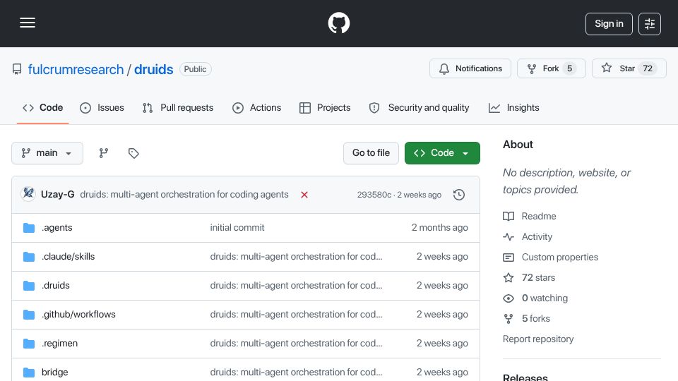 Screenshot of github.com: Show HN: Druids – Build your own software factory