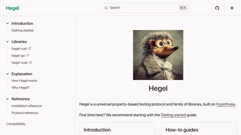 Screenshot of hegel.dev: Hegel, a universal property-based testing protocol and family of PBT libraries
