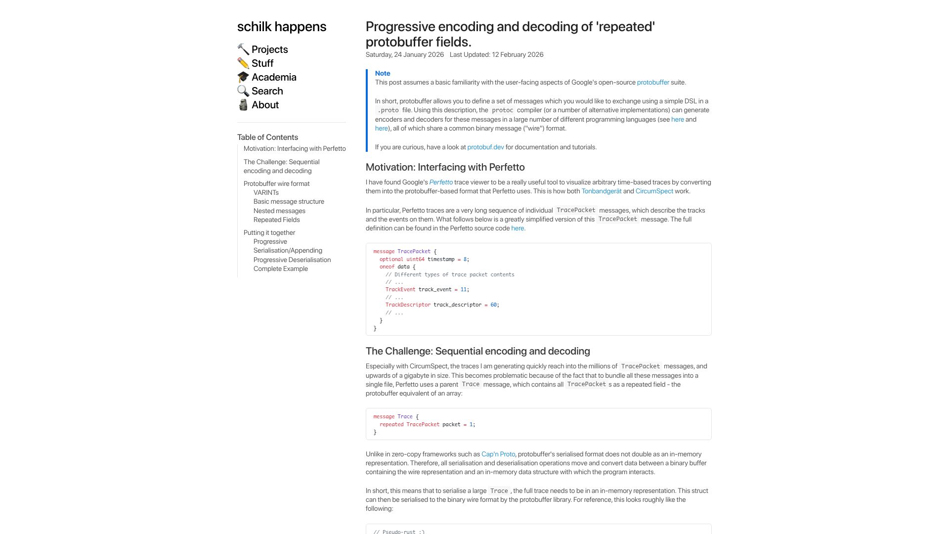 Screenshot of schilk.co: Progressive encoding and decoding of 'repeated' protobuffer fields