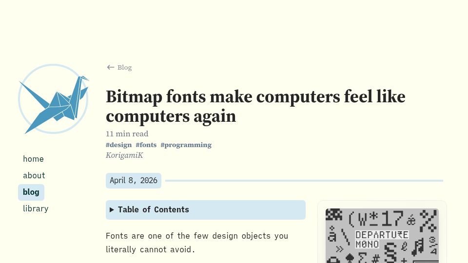 Screenshot of korigamik.dev: Bitmap fonts make computers feel like computers again