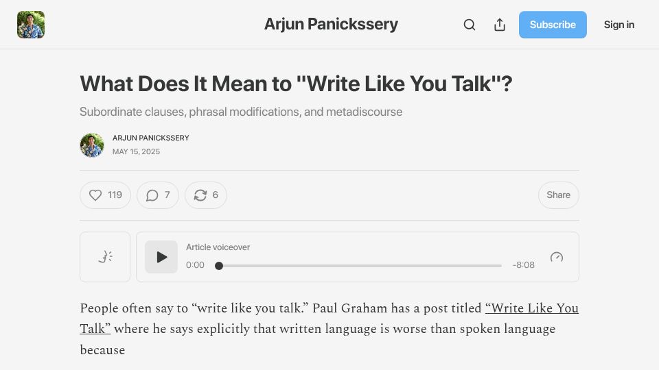 Screenshot of arjunpanickssery.substack.com: What does it mean to “write like you talk”?