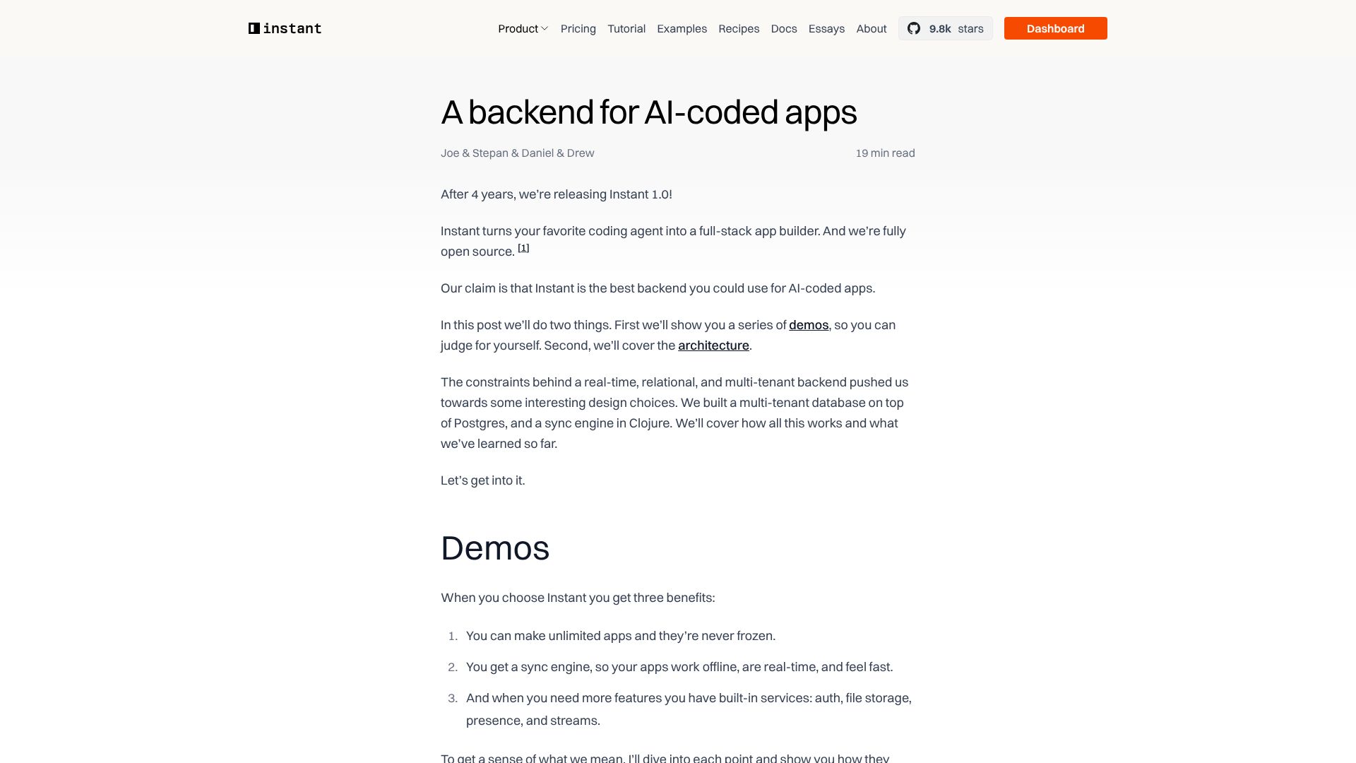 Screenshot of instantdb.com: Instant 1.0, a backend for AI-coded apps
