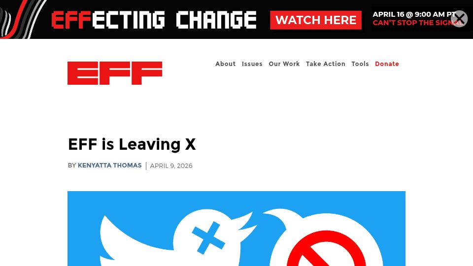 Screenshot of eff.org: EFF is leaving X