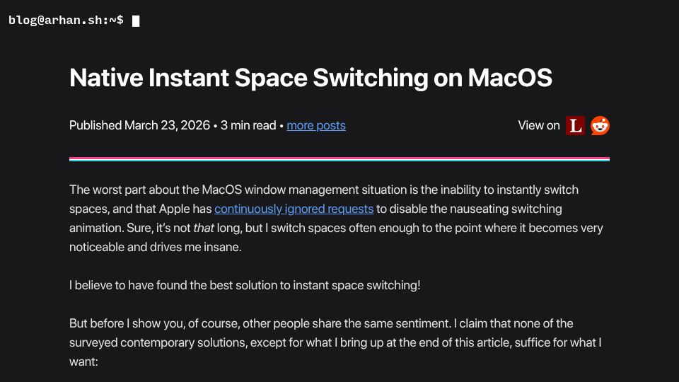 Screenshot of arhan.sh: Native Instant Space Switching on macOS