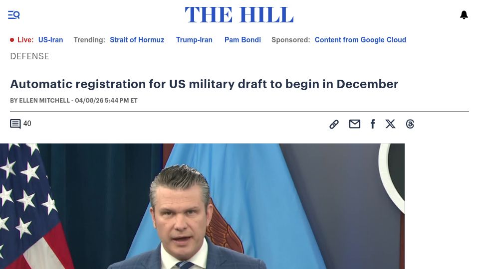 Screenshot of thehill.com: Automatic registration for US Military draft to begin in December