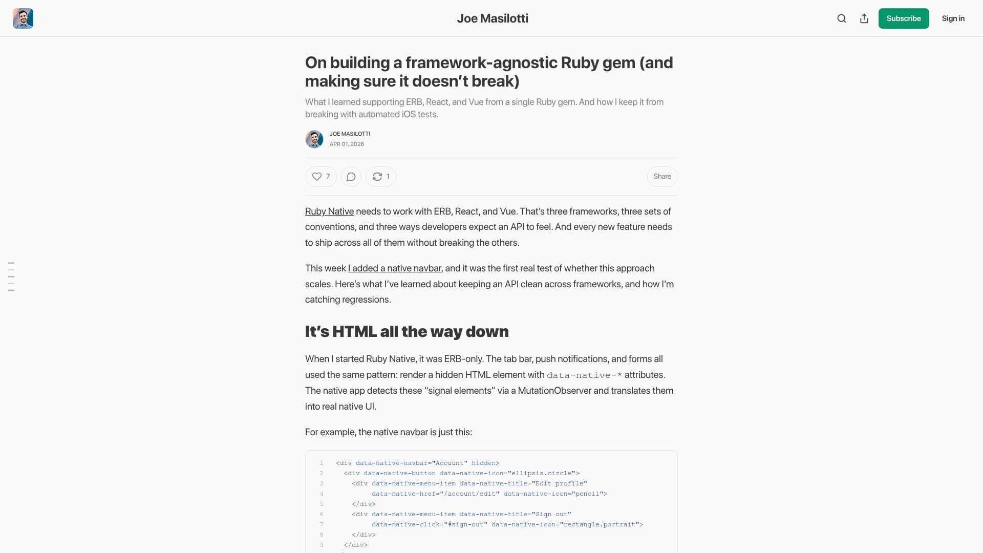 Screenshot of newsletter.masilotti.com: Building a framework-agnostic Ruby gem (and making sure it doesn't break)