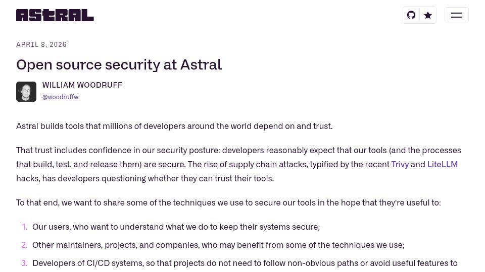 Screenshot of astral.sh: Open source security at Astral