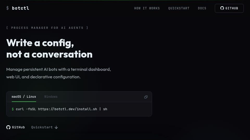 Screenshot of botctl.dev: Process Manager for Autonomous AI Agents