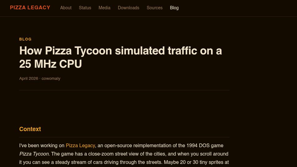 Screenshot of pizzalegacy.nl: How Pizza Tycoon simulated traffic on a 25 MHz CPU