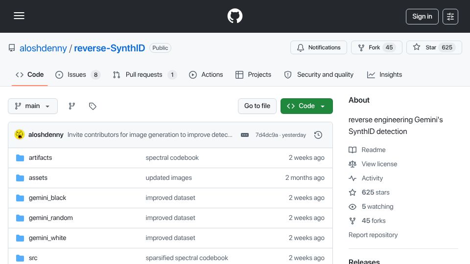 Screenshot of github.com: Reverse engineering Gemini's SynthID detection