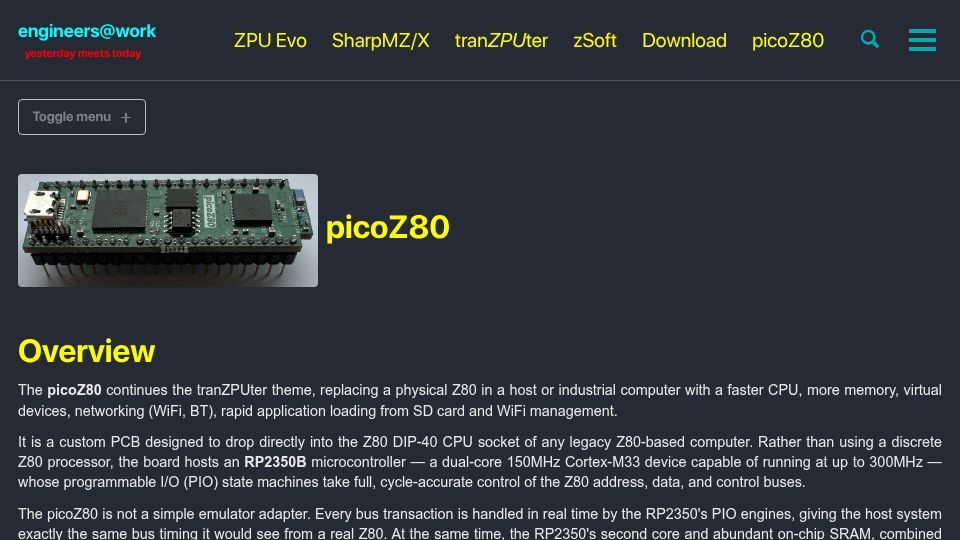 Screenshot of eaw.app: PicoZ80 – Drop-In Z80 Replacement