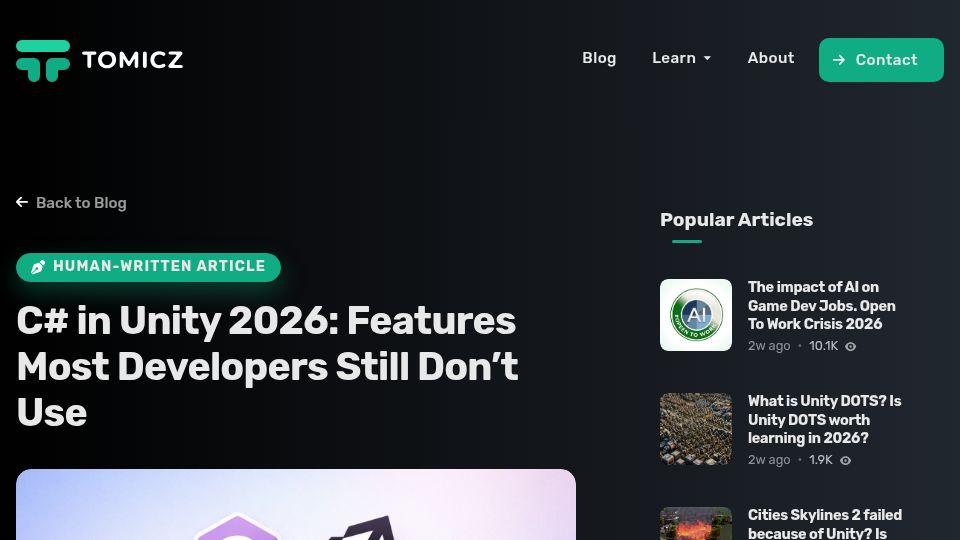 Screenshot of darkounity.com: C# in Unity 2026: Writing more modern code