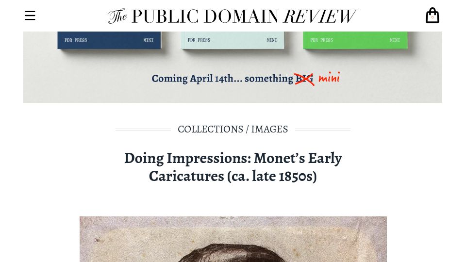Screenshot of publicdomainreview.org: Doing Impressions: Monet's Early Caricatures (ca. late 1850s)