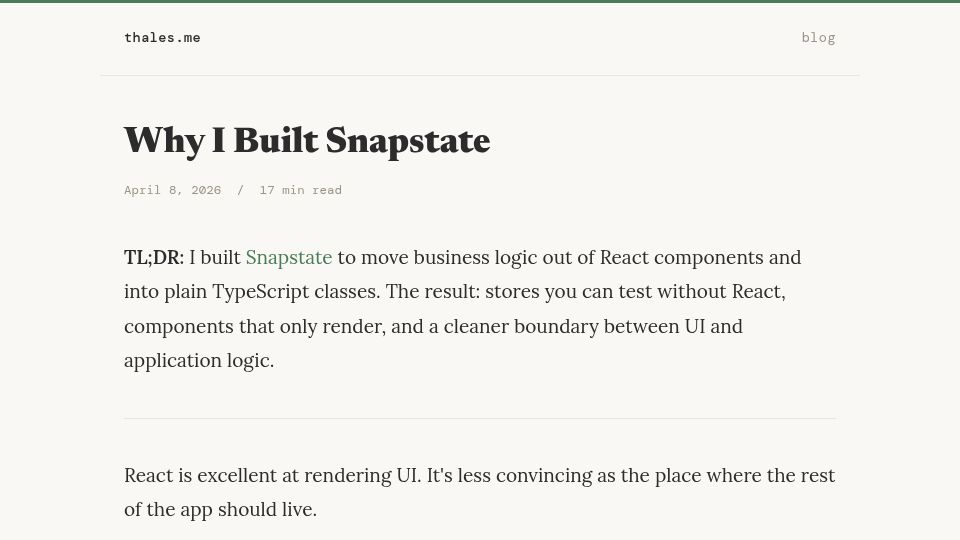 Screenshot of thales.me: Show HN: Tired of logic in useEffect, I built a class-based React state manager