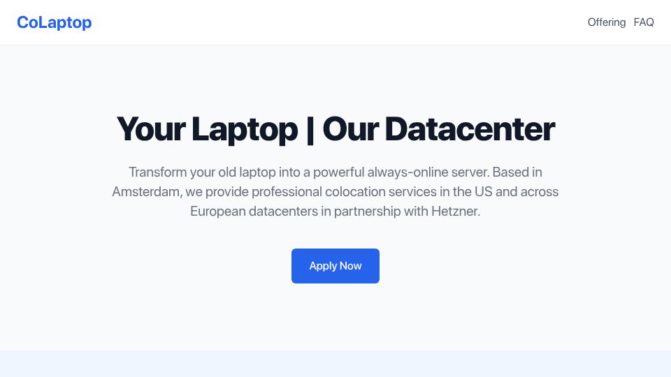Screenshot of colaptop.pages.dev: Old laptops in a colo as low cost servers