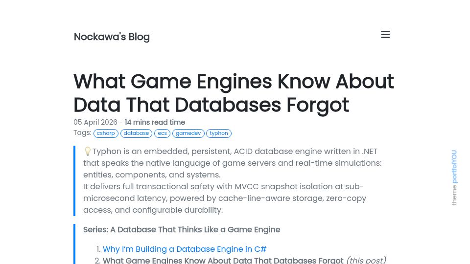 Screenshot of nockawa.github.io: What game engines know about data that databases forgot