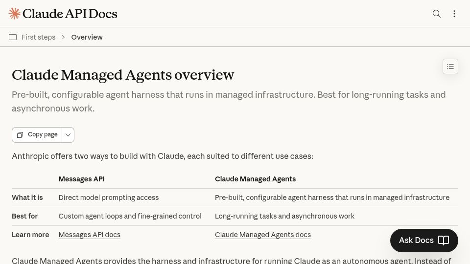 Screenshot of platform.claude.com: Claude Managed Agents Overview