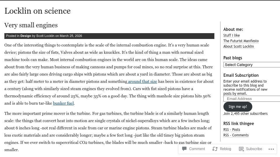 Screenshot of scottlocklin.wordpress.com: Small Engines