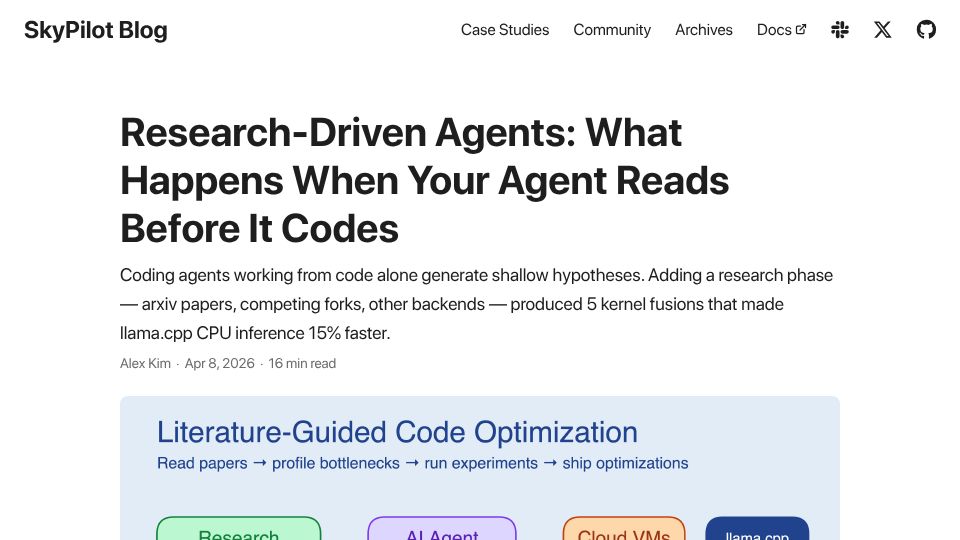 Screenshot of blog.skypilot.co: Research-Driven Agents: When an agent reads before it codes