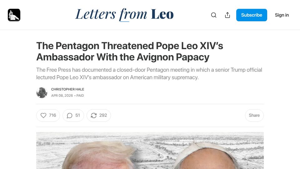 Screenshot of thelettersfromleo.com: The Pentagon Threatened Pope Leo XIV's Ambassador with the Avignon Papacy
