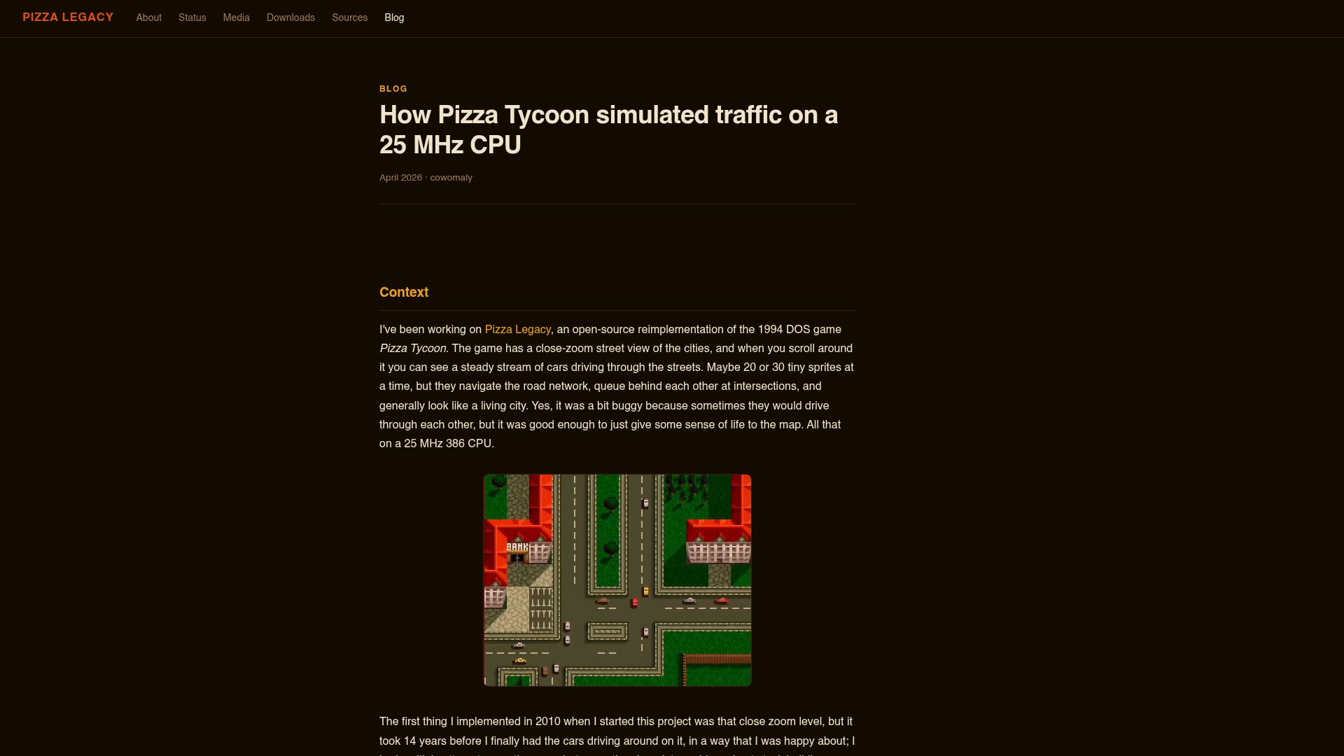 Screenshot of pizzalegacy.nl: How Pizza Tycoon simulated traffic on a 25 MHz CPU