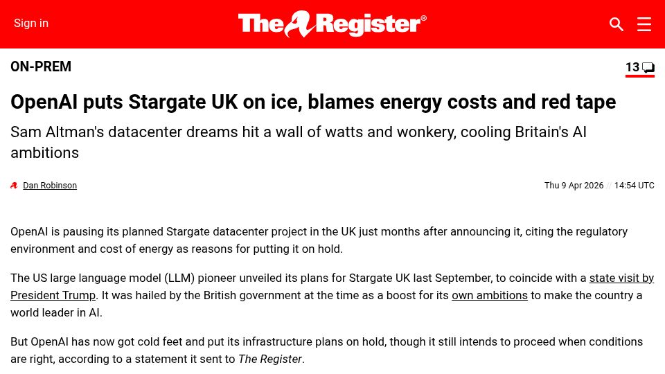 Screenshot of theregister.com: OpenAI puts Stargate UK on ice, blames energy costs and red tape