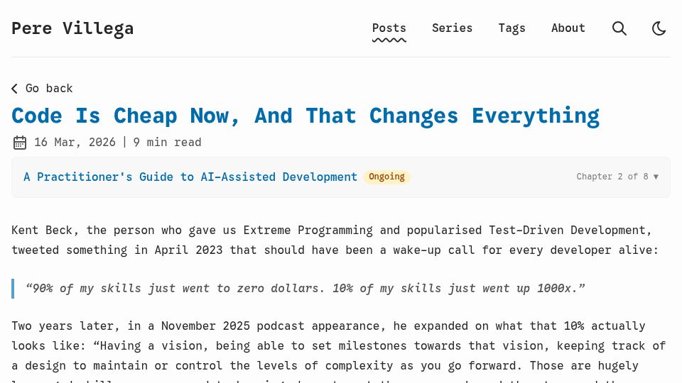 Screenshot of perevillega.com: Code Is Cheap Now, and That Changes Everything