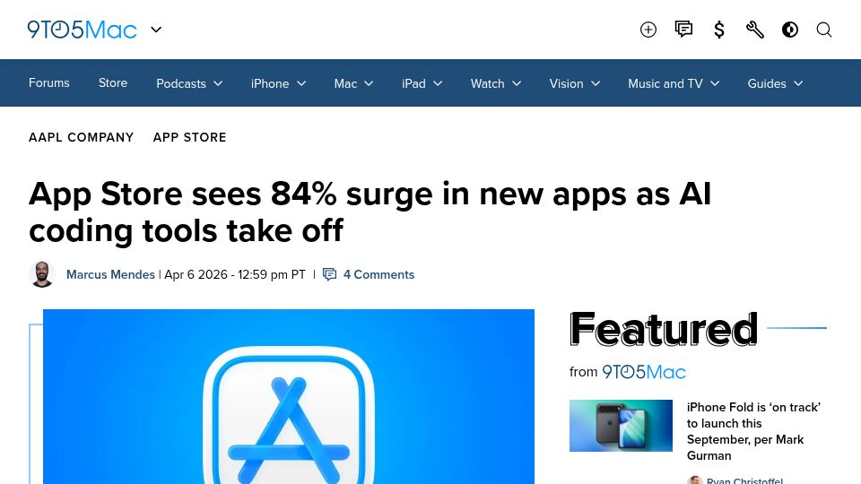 Screenshot of 9to5mac.com: App Store sees 84% surge in new apps as AI coding tools take off
