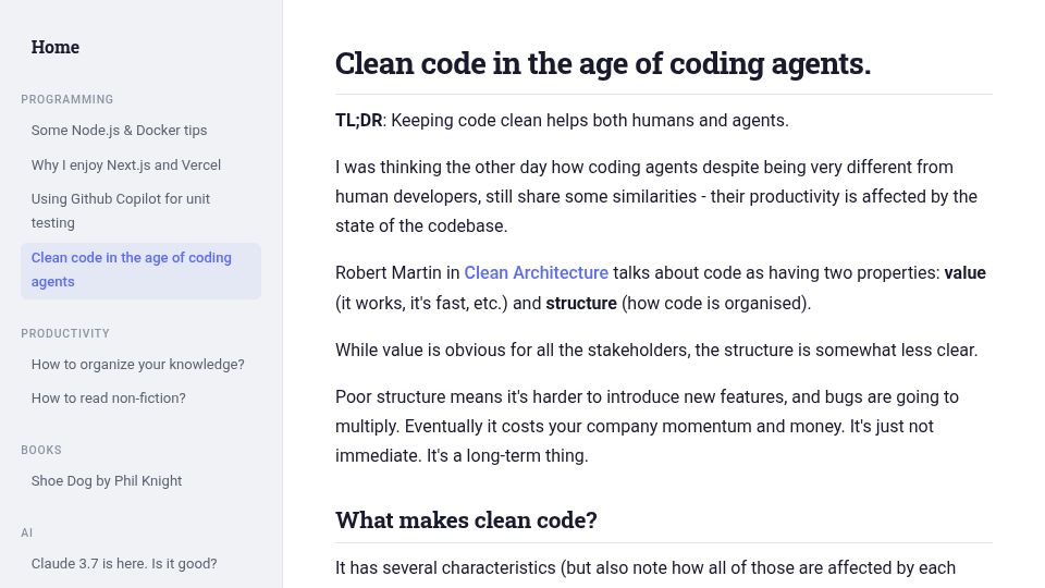 Screenshot of yanist.com: Clean code in the age of coding agents