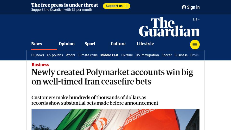 Screenshot of theguardian.com: Newly created Polymarket accounts win big on well-timed Iran ceasefire bets