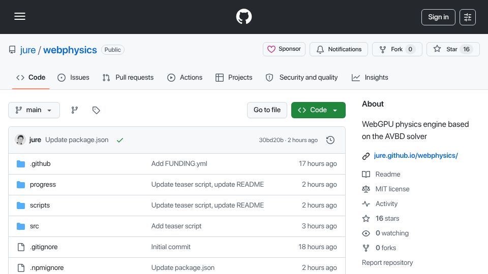 Screenshot of github.com: A WebGPU implementation of Augmented Vertex Block Descent