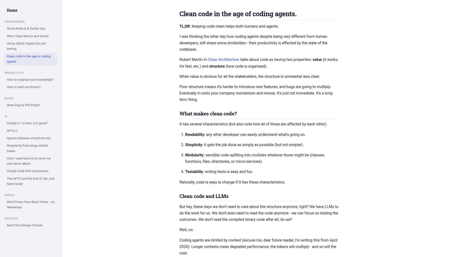 Screenshot of yanist.com: Clean code in the age of coding agents