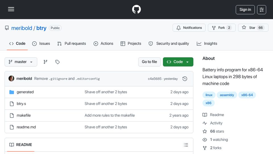 Screenshot of github.com: Show HN: A (marginally) useful x86-64 ELF executable in 301 bytes