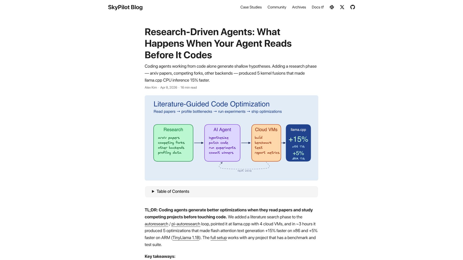 Screenshot of blog.skypilot.co: Research-Driven Agents: When an agent reads before it codes