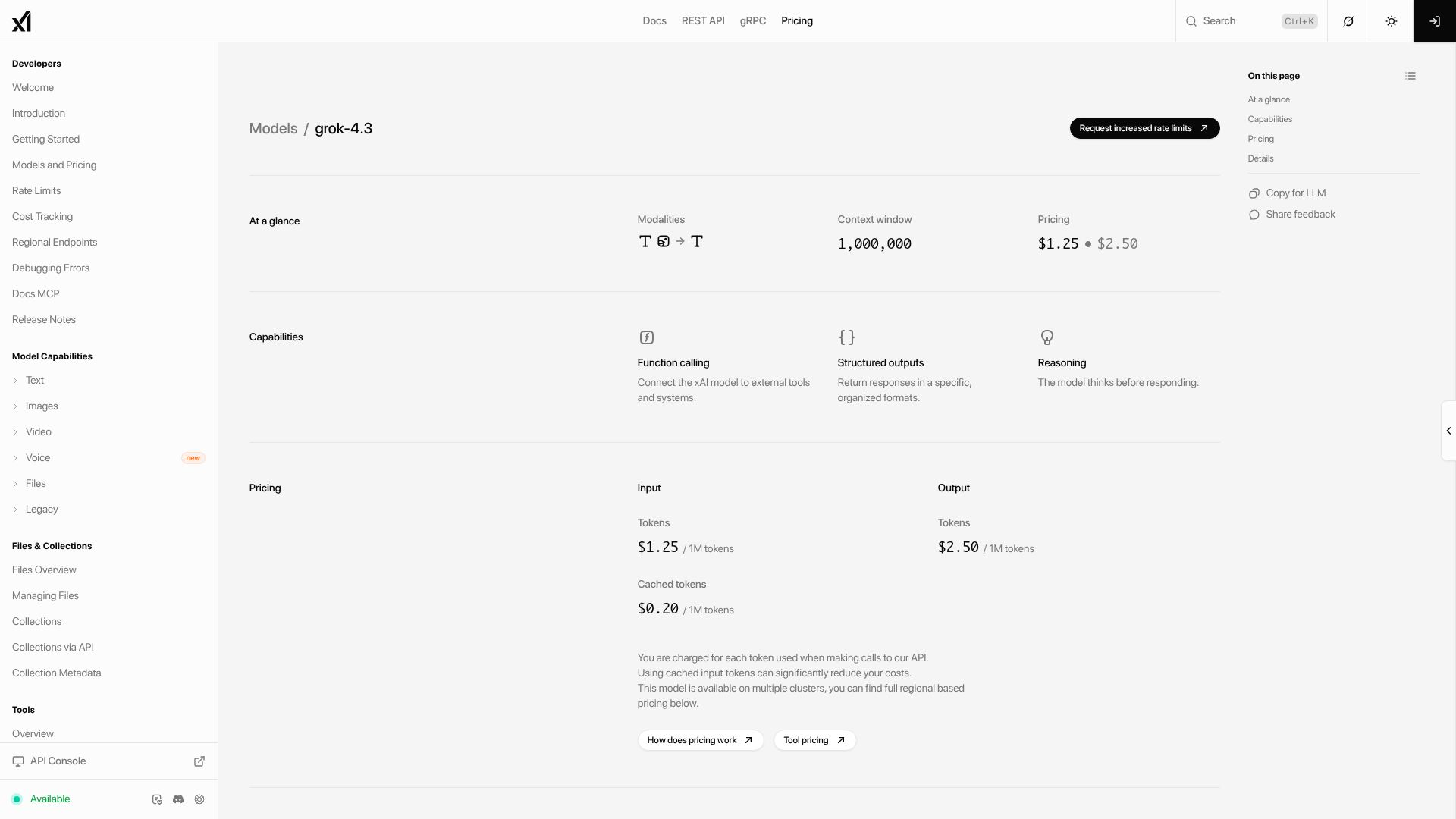 Screenshot of docs.x.ai: Grok 4.3